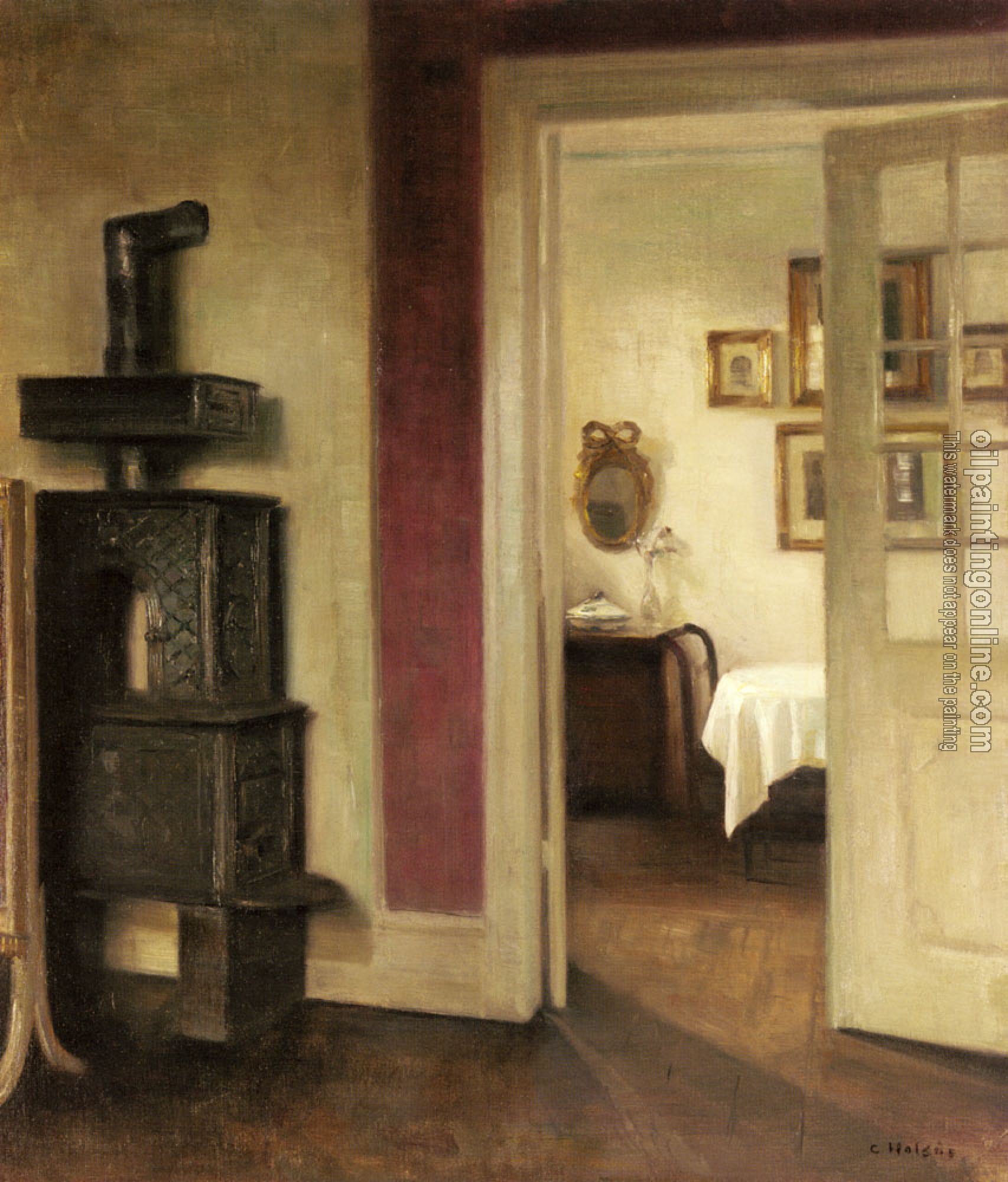 Carl Holsoe - An Interior with a Stove and a View into a Dining Room